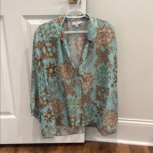 Johnny Was blue and orange 3/4 Sleeve Button Down Blouse with V-neck